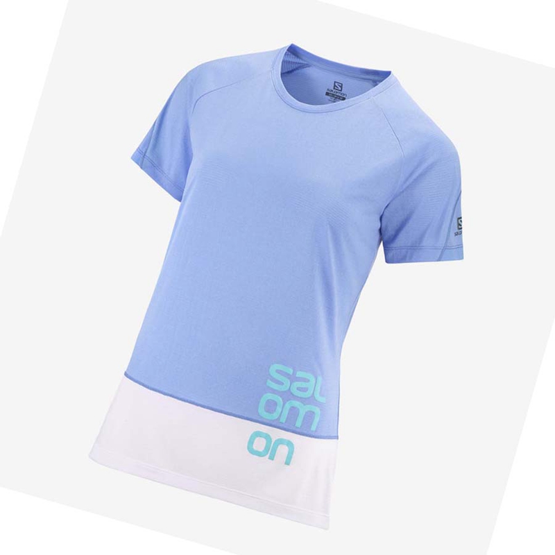 White / Blue Salomon CROSS RUN GRAPHIC Women's T Shirts | DCQSOIU-46